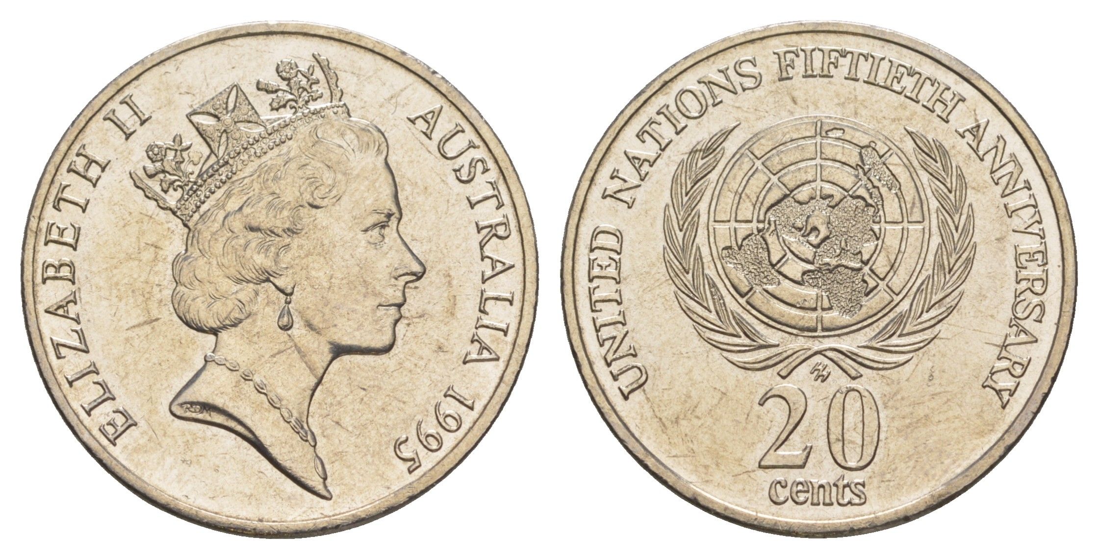 Австралия 20 центов 1995 50 лет ООН KM 295 медно-никель UNC 4652-522