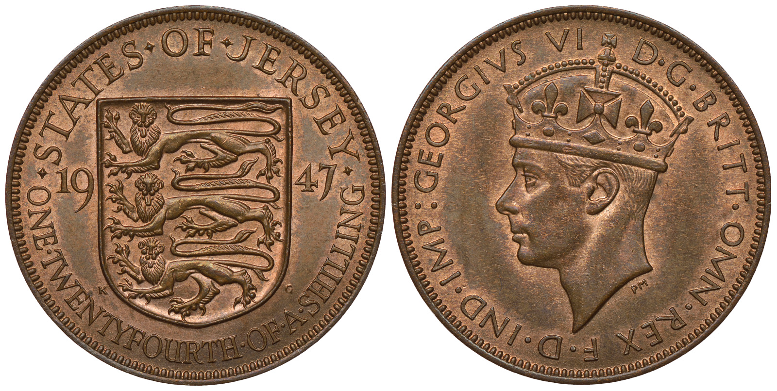Джерси 1/24 шиллинга 1947 Георг VI (1936-1952) KM 18 бронза UNC 4393-1214