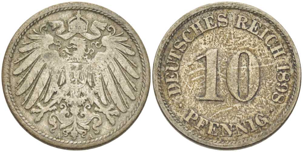 ГЕРМАНИЯ 10 ПФЕННИГОВ 1898 A KM 12, J. 13, Weege 8 медно-никель 261-1323