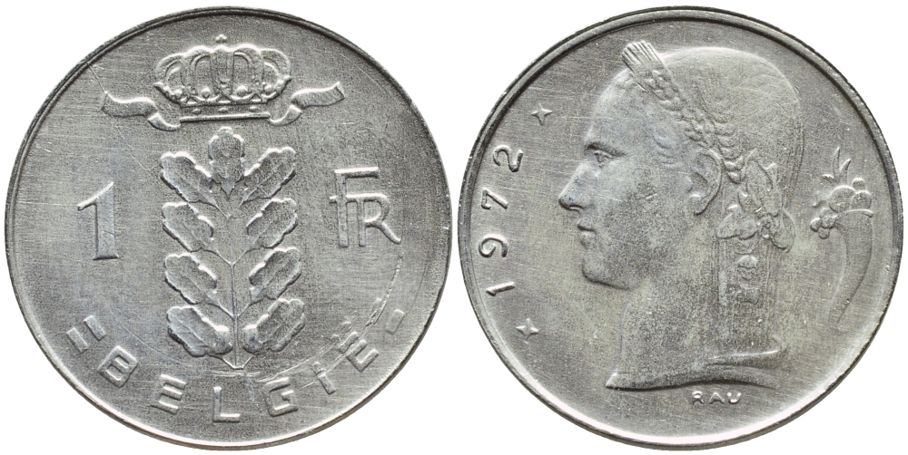 БЕЛЬГИЯ 1 ФРАНК 1972 BELGIE KM 143.1 медно-никель 4384-122