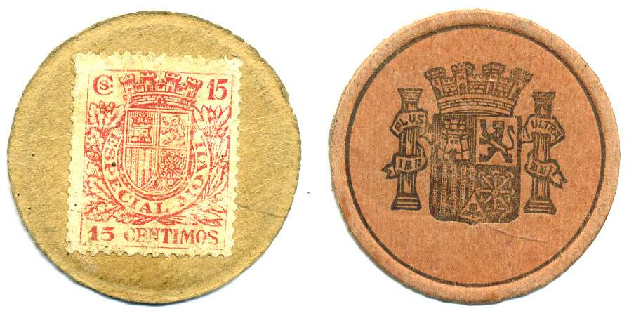 ИСПАНИЯ 15 СЕНТИМО 1938 ESPECIAL MOVIL, ПОЧТОВАЯ МАРКА НА КАРТОННОМ ДИСКЕ Pick 96В бумага XF 7221-47-2-1