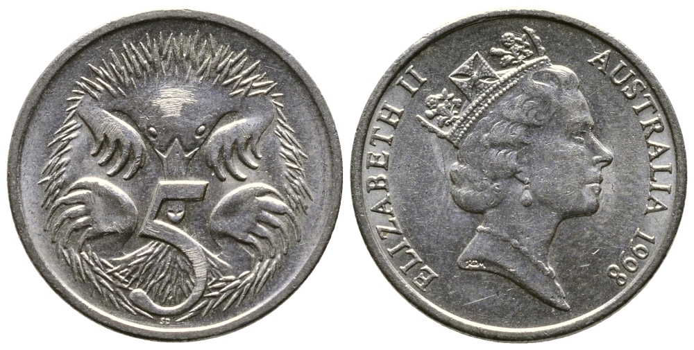 АВСТРАЛИЯ 5 ЦЕНТОВ 1998 ЕЛИЗАВЕТА II, ВТОРОЙ ПОРТРЕТ В КОРОНЕ, ЕХИДНА KM 80 медно-никель 84-912