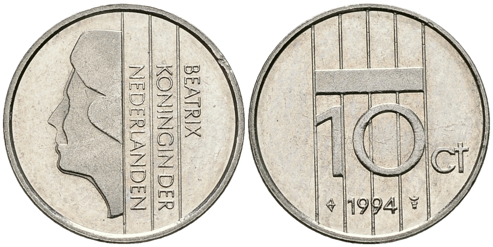 НИДЕРЛАНДЫ 10 ЦЕНТОВ 1994 БЕАТРИКС KM 203 никель 96-551