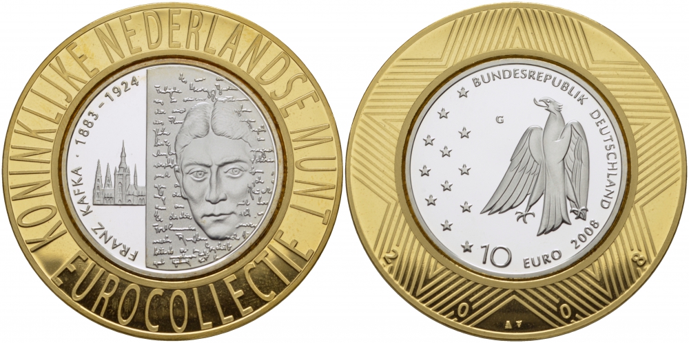 ФРГ 10 евро 2008 G, 125 лет со дня рождения Франца Кафки KM 271, DE.S. 10.36 серебро PROOF 05-141-24