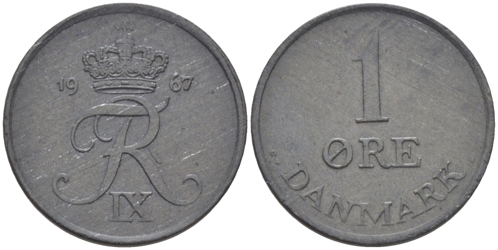 ДАНИЯ 1 ЭРЕ 1967 С; S, ФРЕДЕРИК IX (1947-1972) KM 839.2 цинк UNC 100-253