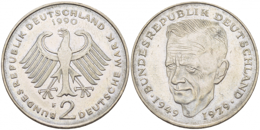 ФРГ 2 МАРКИ 1990 F, КУРТ ШУМАХЕР KM 149, J. 424 медно-никель плакированный никелем 3718-955