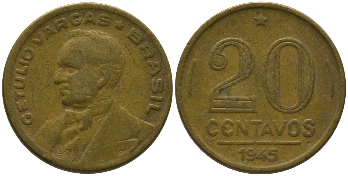 Бразилия 20 сентаво 1945 Жетулиу Варгас KM 556a алюминиевая бронза 4567-833