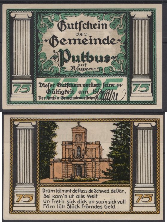 Путбус 75 пфеннигов ND (1922) DeNG 1 1081.1-4/4 бумага UNC (пресс) 8595-12-3-2