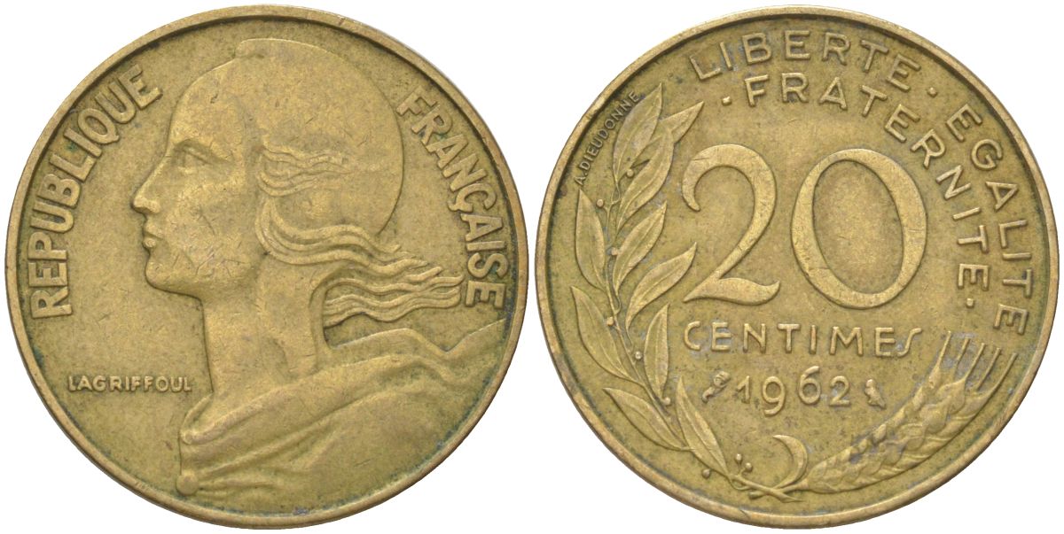 Франция 20 сантимов 1962 KM 930 алюминиевая бронза 4159-1015