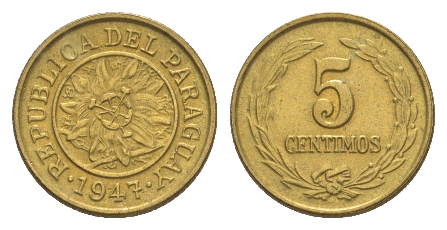 Парагвай 5 сентимо 1947 KM 21 алюминиевая бронза UNC 4636-142