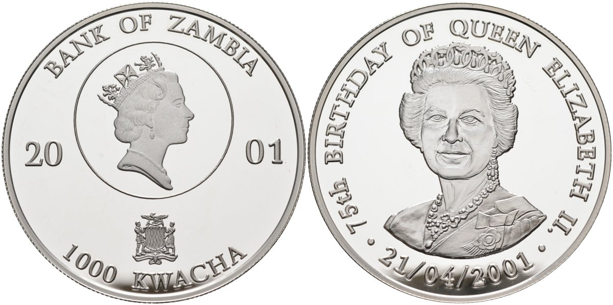 Замбия 1000 квача 2001 75 лет со дня рождения Елизаветы II, 21 апреля 2001, тираж 5000 экз. KM 181 серебро PROOF 1098-1-41