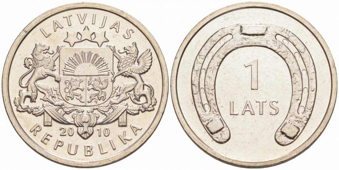 Латвия 1 лат 2010 подкова вниз KM 118 медно-никель UNC M18-02