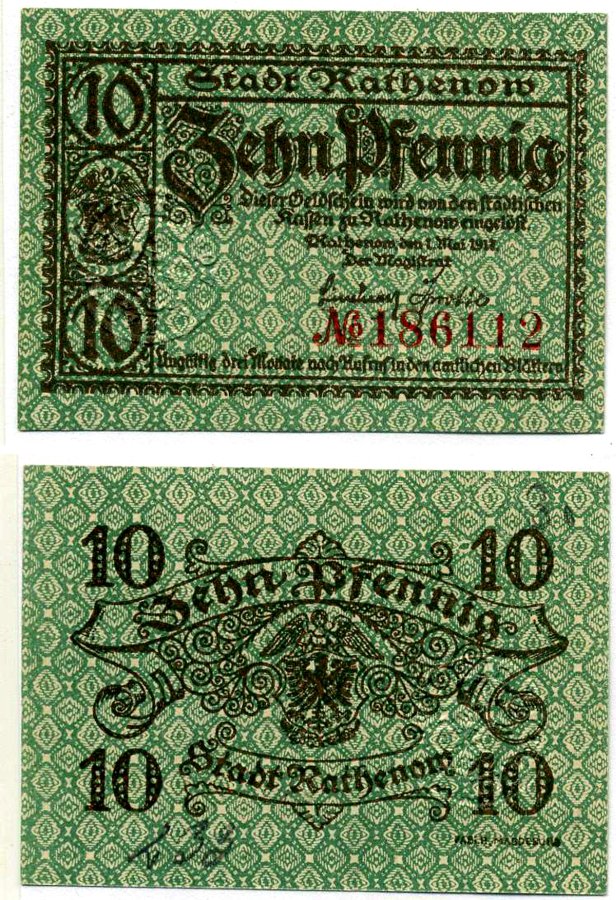 Ратенов 10 пфеннигов 1917 1 мая 1917, нотгельд, земля Бранденбург, текст коричневый Grabowski R8.1b бумага 2195-18-3-2