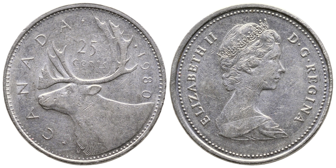 КАНАДА 25 ЦЕНТОВ 1980 ОЛЕНЬ, ЕЛИЗАВЕТА II KM 74 никель 4364-2046