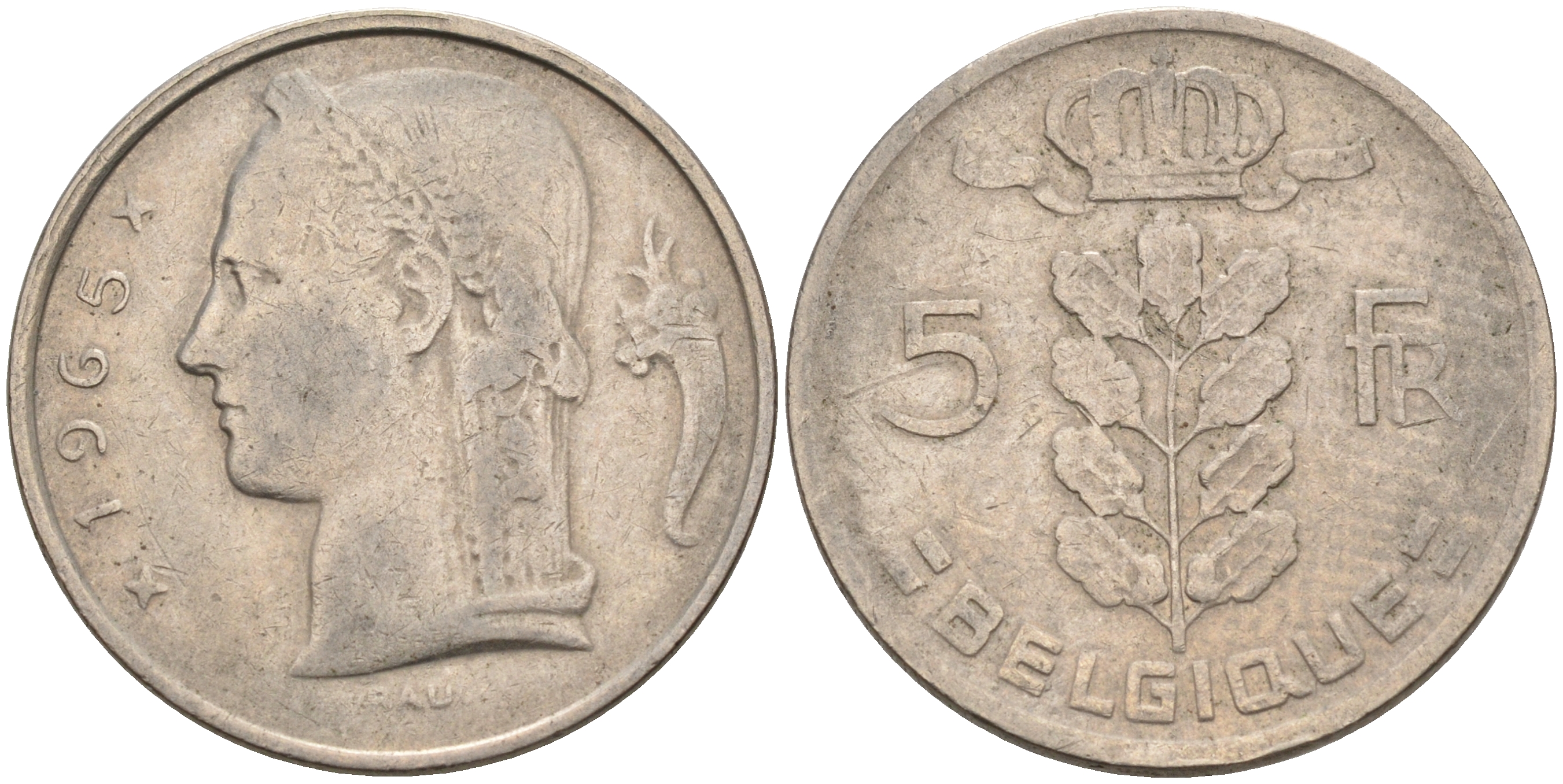 БЕЛЬГИЯ 5 ФРАНКОВ 1965 BELGIQUE KM 134.1 медно-никель 92-422