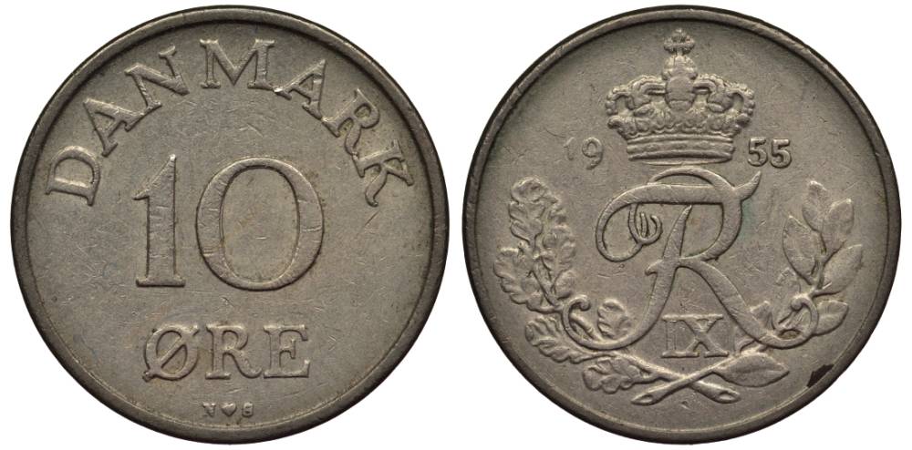 ДАНИЯ 10 ЭРЕ 1955 N; S, ФРЕДЕРИК IX (1947-1972) KM 841.1 медно-никель 4549-869