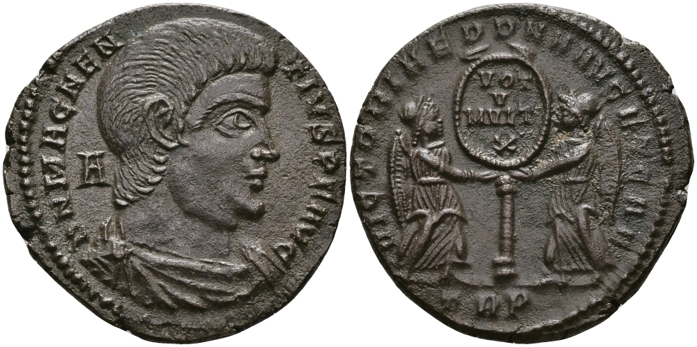 Римская Империя майорина 351 Магненций VICTORIAE DD NN AVG ET CAES VOT V MVLT X Августа Треверов Extremely fine RIC 307 бронза 1073-10-115