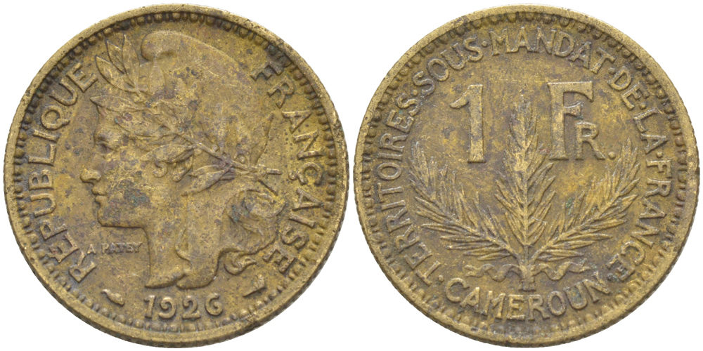 Французский Камерун 1 франк 1926 (а), монетный двор Париж KM 2 алюминиевая бронза 72-1742