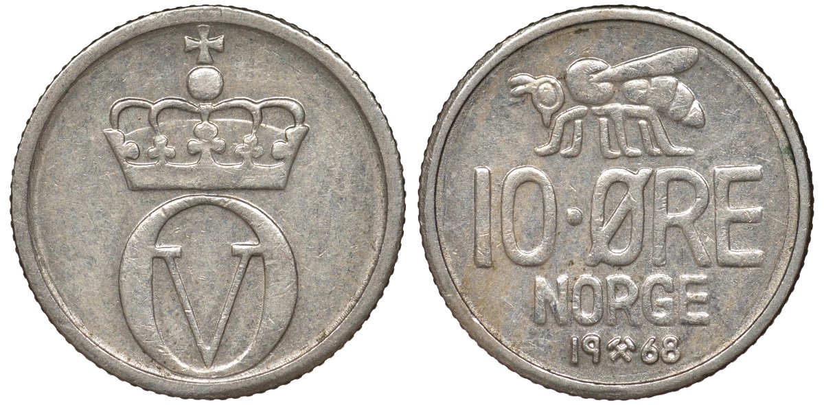 Норвегия 10 эре 1968 пчела, Улаф V (1958-1991) KM 411 медно-никель 51-2854