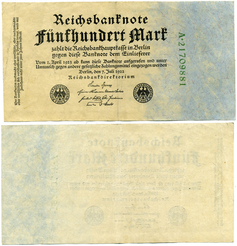 Германия 500 марок 1922 зеленая серия, 8 цифр в номере Pick 74 с  бумага 3295-71-1