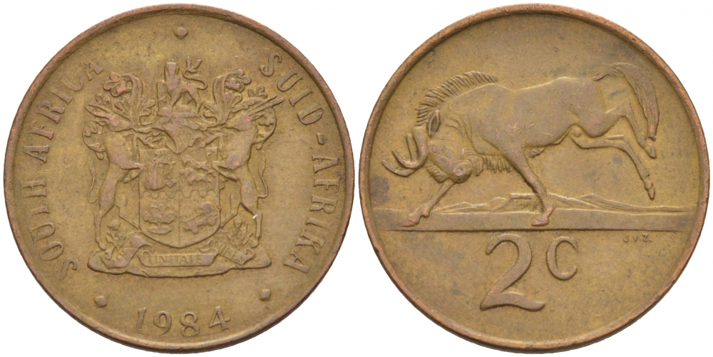 ЮАР 2 цента 1984 герб, антилопа гну KM 83 бронза 110-143