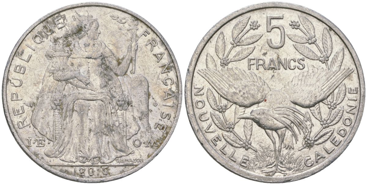 Французская Новая Каледония 5 франков 2016 птица кагу, (IEOM) KM 16, Schoen 12, Lec 81k алюминий 4117-1122