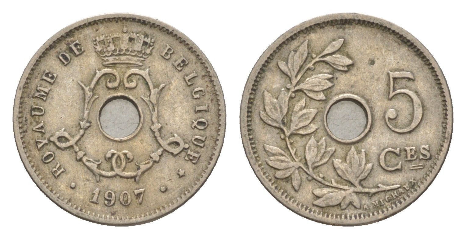 Бельгия 5 сантимов 1907 Belgique, Леопольд I (1865-1909) KM 54 медно-никель 4615-852