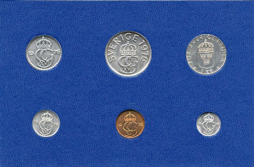 Швеция набор монетного двора из 6 монет 1976 в картоне, Карл XVI Густав (1973- ) KM MS4 UNC 7-5-7-223