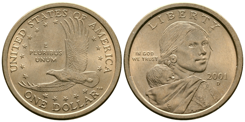 США 1 доллар 2000 Р, индианка Сакагавея KM 310 медь с марганцево-латунным покрытием UNC 29-433