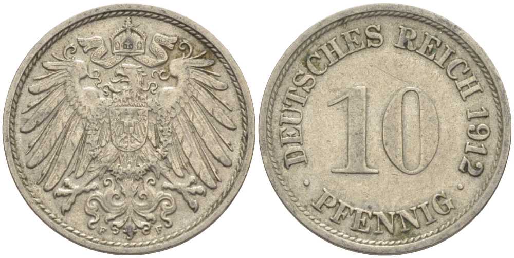 ГЕРМАНИЯ 10 ПФЕННИГОВ 1912 F KM 12, J. 13 медно-никель 210-711