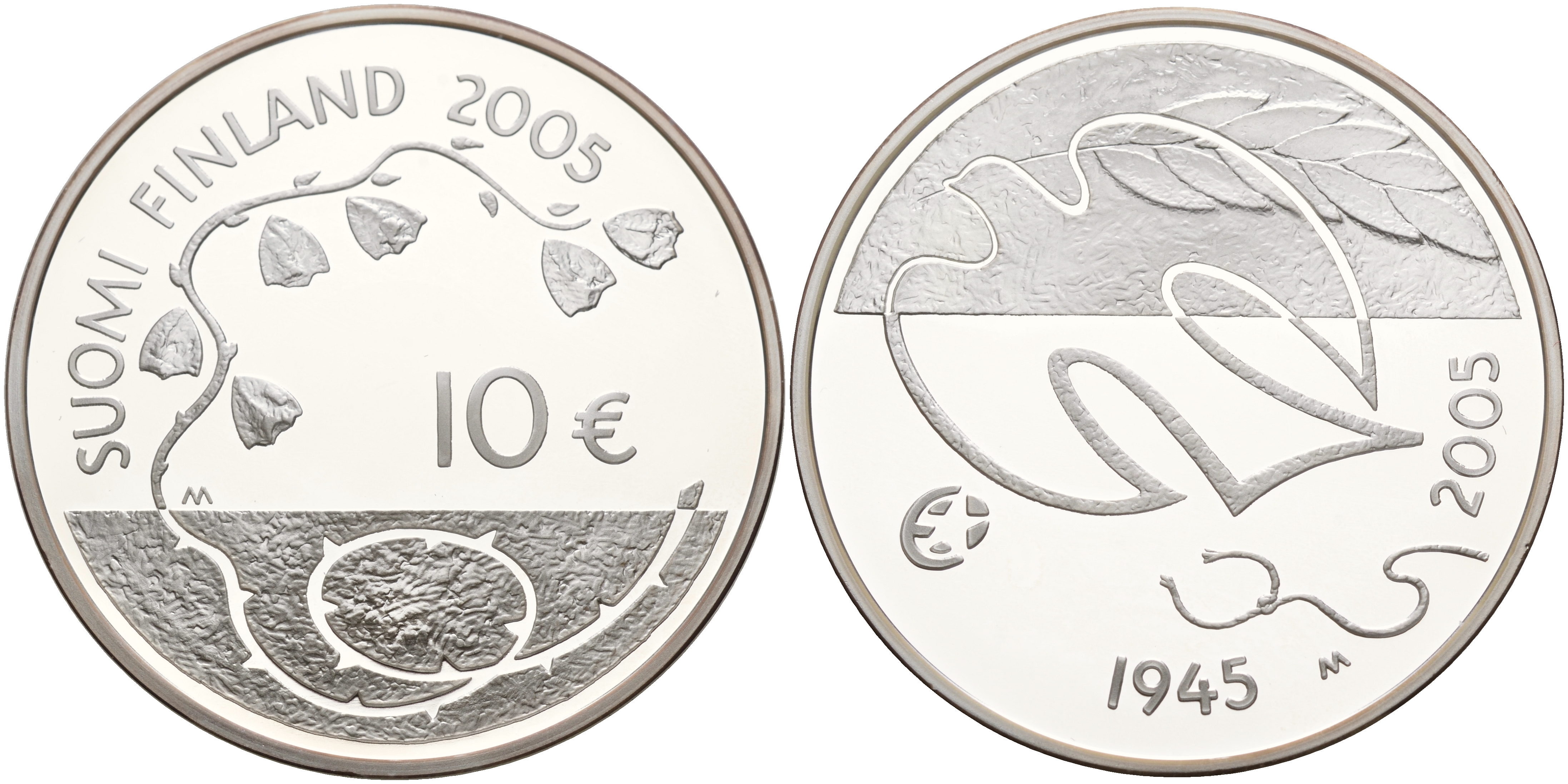 Финляндия 10 евро 2005 60 лет мира в Европе, голубь мира KM 120 серебро PROOF 11-183-12
