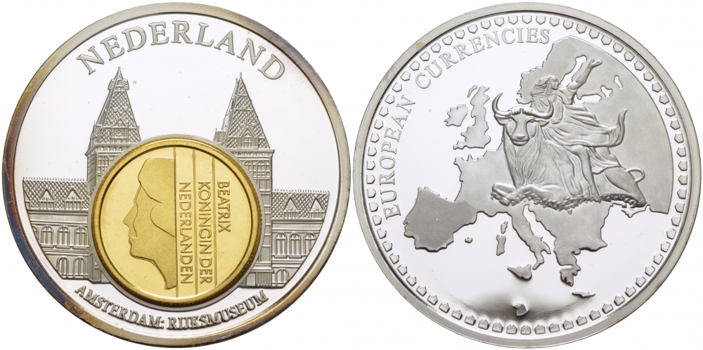 НИДЕРЛАНДЫ МЕДАЛЬ ND МОНЕТА НА МЕДАЛИ, СЕРИЯ ДОЕВРОВЫЕ ЕВРОПЕЙСКИЕ МОНЕТЫ, НИДЕРЛАНДЫ 25 ЦЕНТОВ 1997, АМСТЕРДАМ ГОСУДАРСТВЕННЫЙ МУЗЕЙ, ДИАМЕТР 40 ММ. серебрение PROOF 01-163-24
