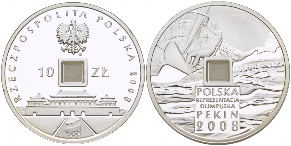Польша 10 злотых 2008 XXIX Летние Олимпийские игры 2008 года в Пекине, виндсерфинг, стилизованная под старинный кэш KM 646 серебро PROOF 1084-7-31