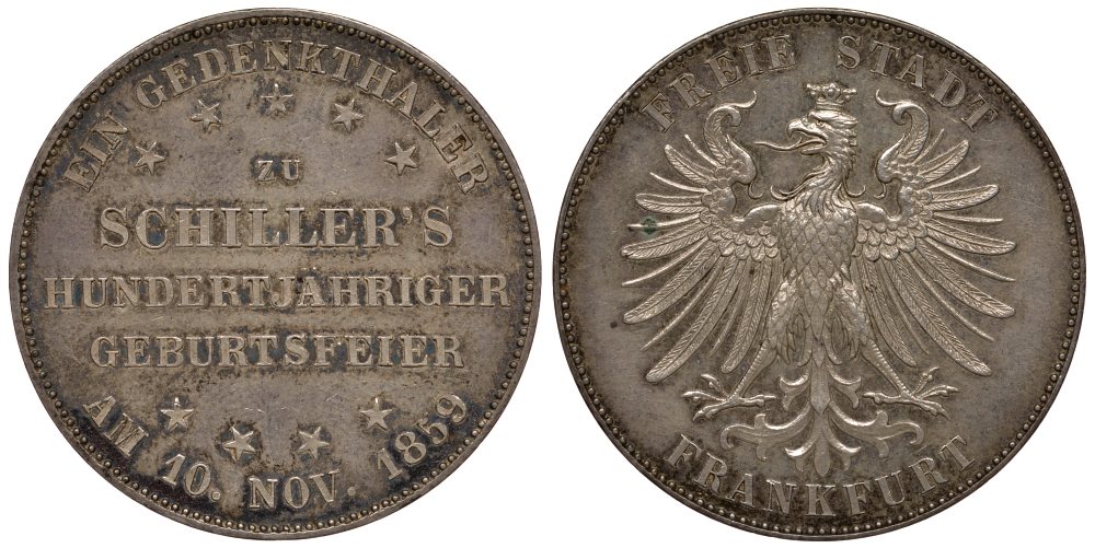 Франкфурт 1 талер 1859 100 лет со дня рождения Фридриха Шиллера AKS 43; Dav. 650; Kahnt 167; Thun 139, KM 359 серебро UNC 00-814-26