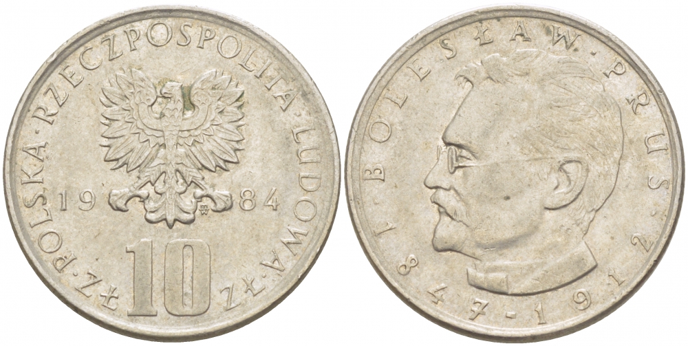 ПОЛЬША 10 ЗЛОТЫХ 1984 MW, БОЛЕСЛАВ ПРУС KM 73 медно-никель 213-826