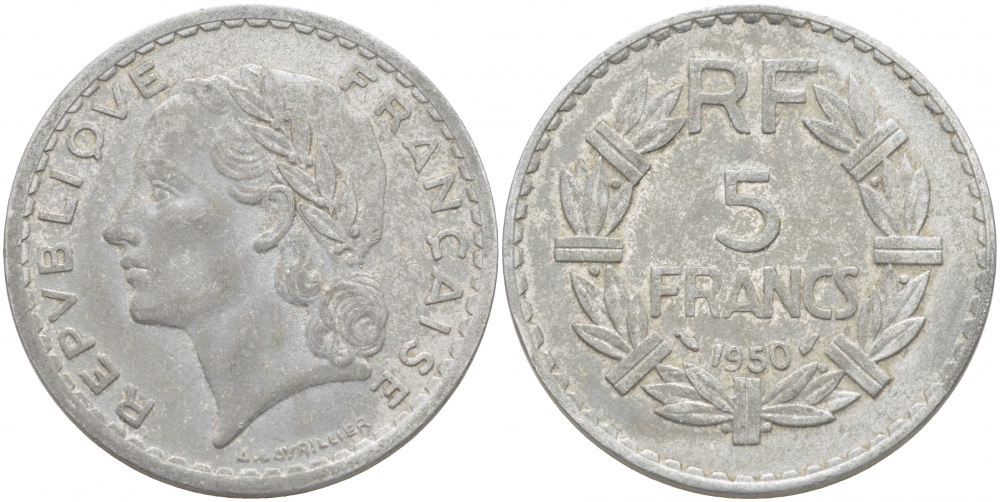 ФРАНЦИЯ 5 ФРАНКОВ 1950 KM 888b.1 алюминий 4403-314
