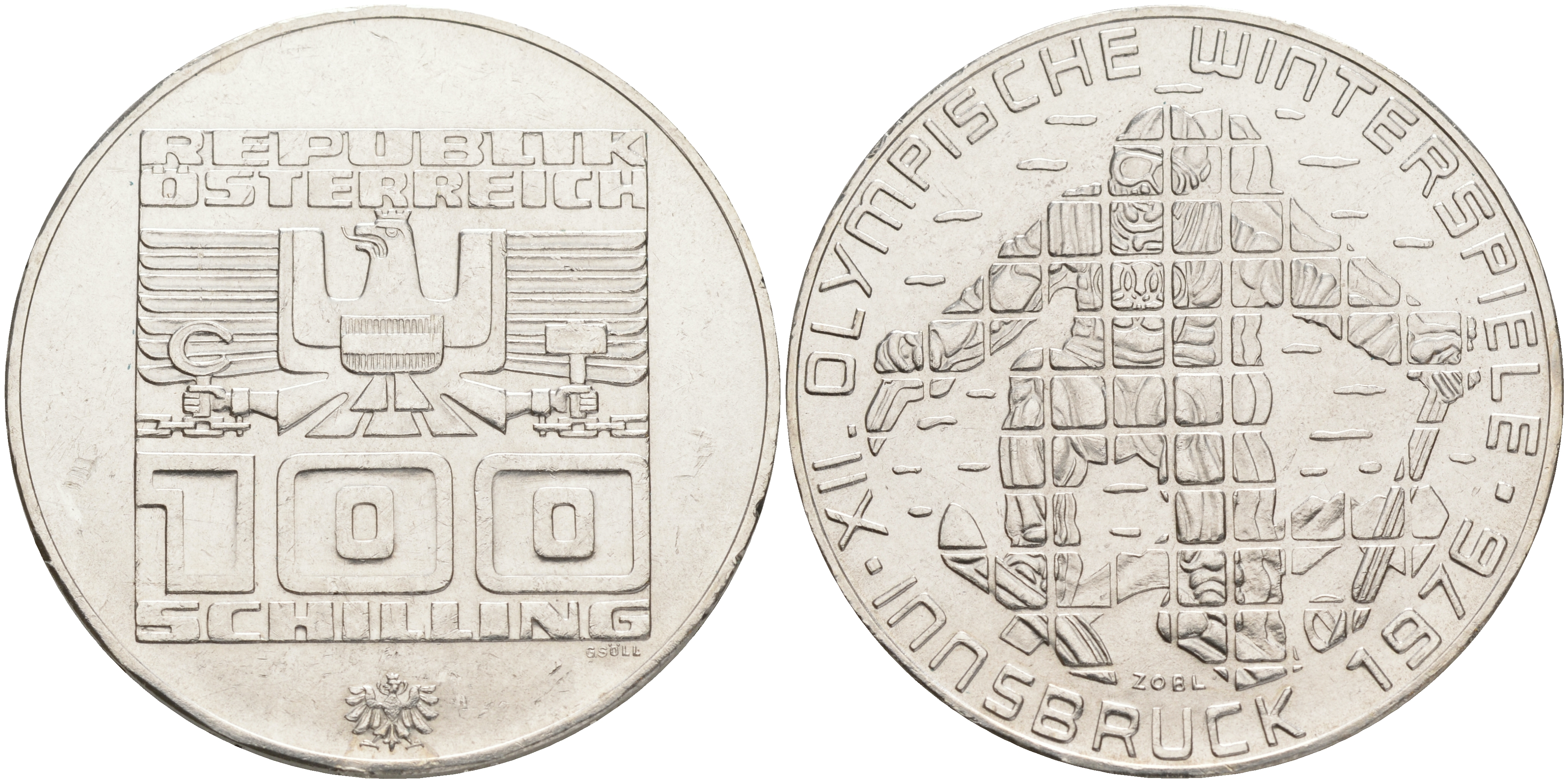 Австрия 100 шиллингов 1974 XII зимние Олимпийские игры в Инсбруке, лыжник KM 2928 серебро 4552-1031