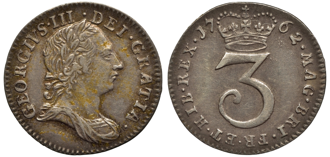 Великобритания 3 пенса 1762 Георг III (1760-1820) KM 591, Spink 3753 серебро 1523-1212