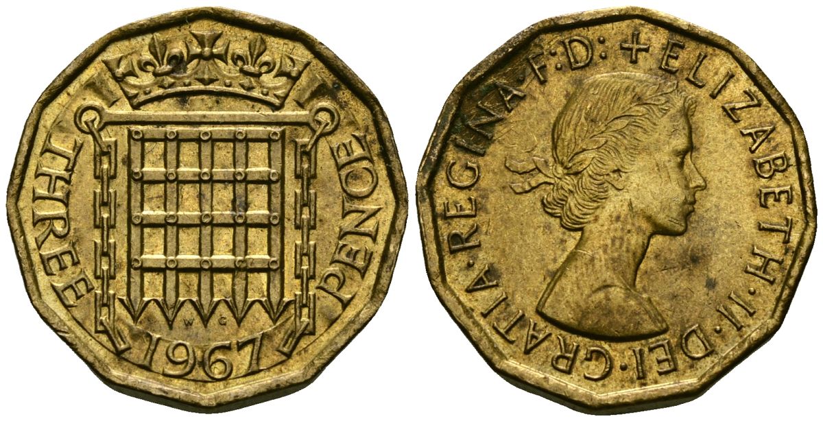 Великобритания 3 пенса 1967 Елизавета II (1952-2022) KM 900, Spink 4153 никель латунь 25-2325
