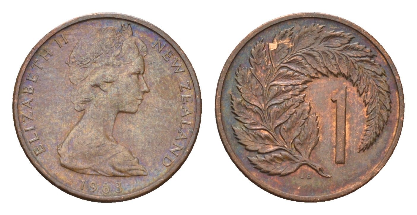 Новая Зеландия 1 цент 1983 Елизавета II (1952-2022), лист папоротника KM 31.1 бронза 4655-232