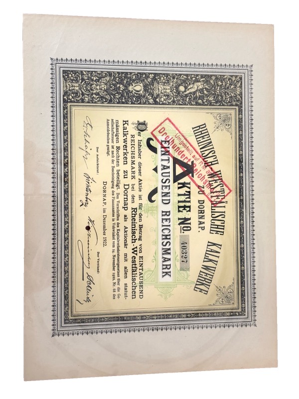 Германия акция в 1000 марок 1922 компании Rheinisch-Westfälische Kalkwerke AG / специализировалась на добыче известняка и производстве извести для сталелитейной промышленности бумага 5555-27