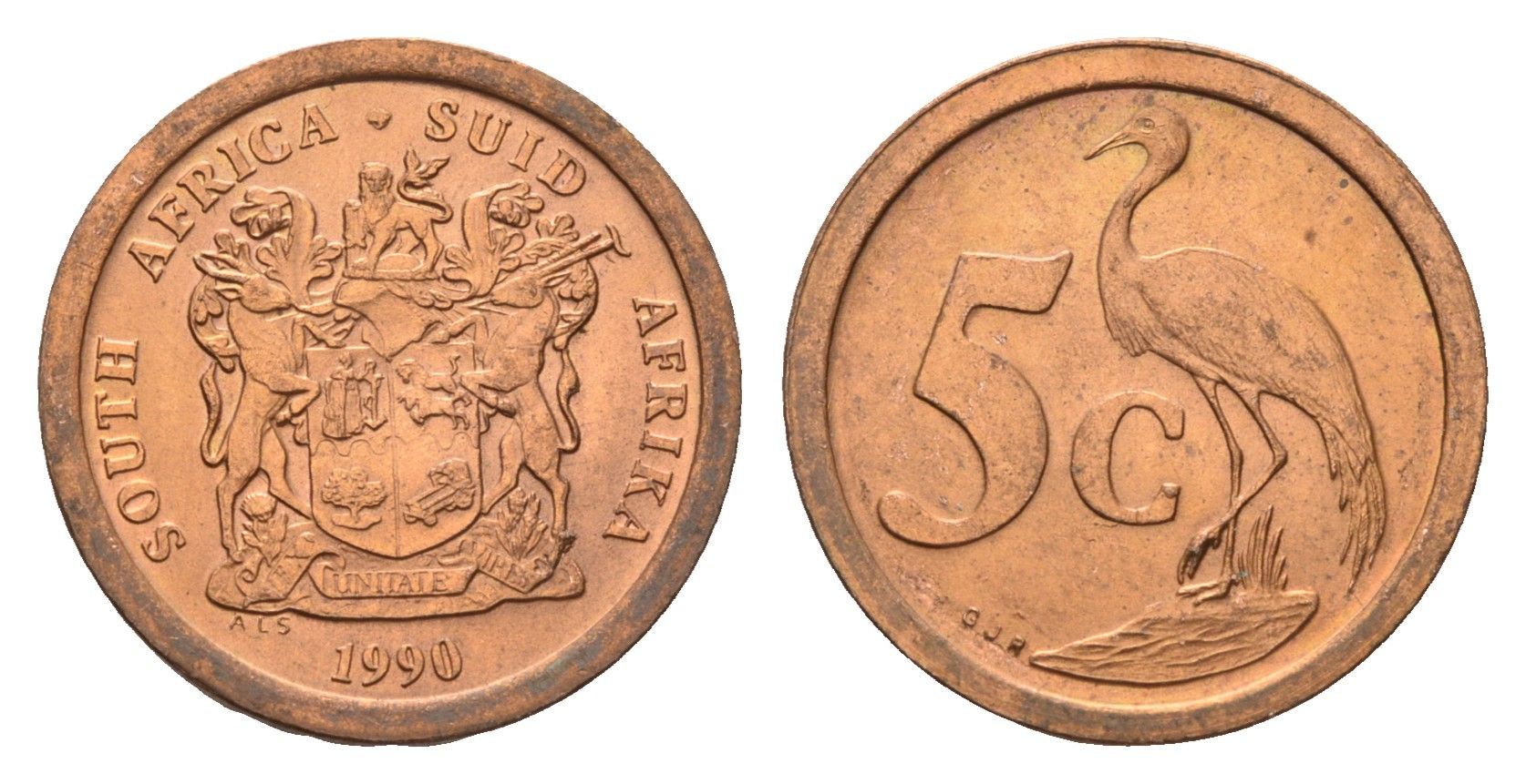 ЮАР 5 центов 1990 герб, райский журавль KM 134 сталь плакированная медью UNC 4687-143