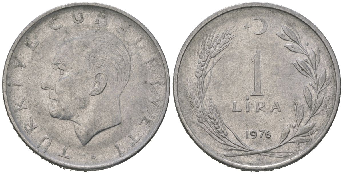 Турция 1 лира 1976 KM 889a.2 нержавеющая сталь 4582-355
