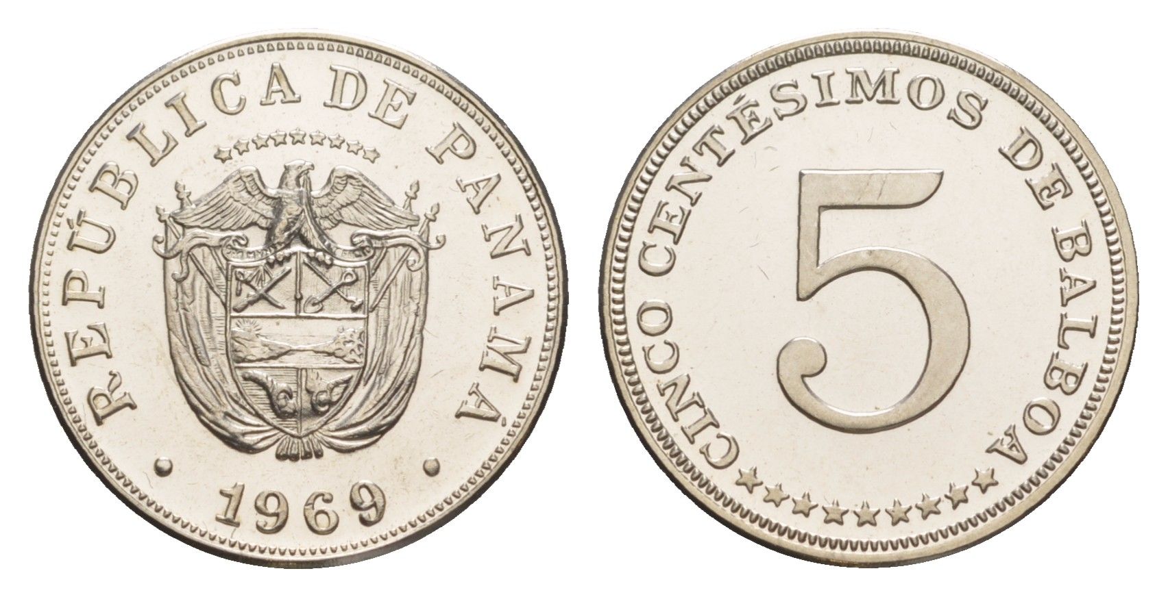 Панама 5 сентесимо 1969 тираж 14.000 экземпляров KM 23.2 медно-никель PROOF 1524-644