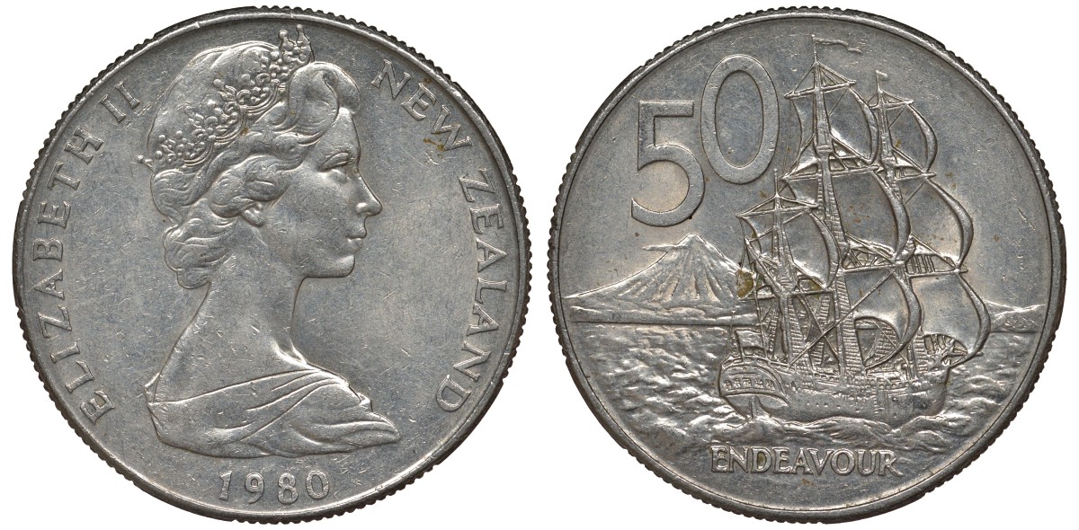 Новая Зеландия 50 центов 1980 Елизавета II (1952-2022), парусник Индевор KM 37 медно-никель 4125-214