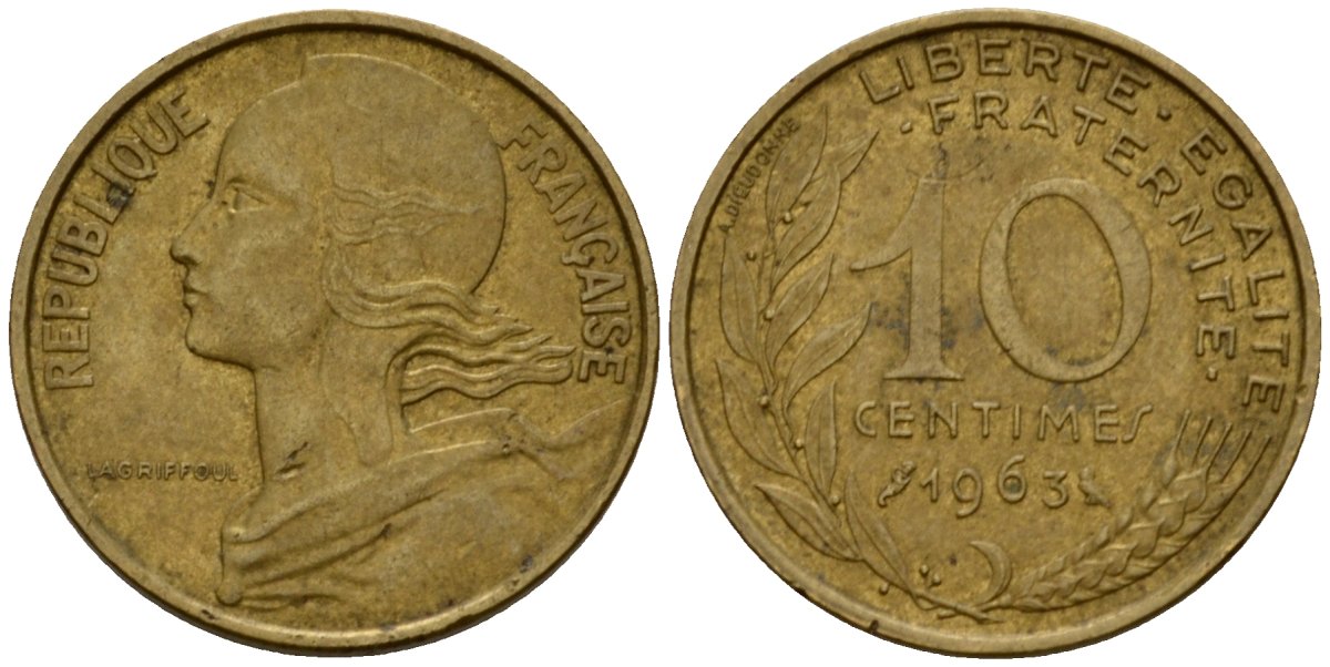 Франция 10 сантимов 1963 тип Marianne KM 929 алюминиевая бронза 4584-322