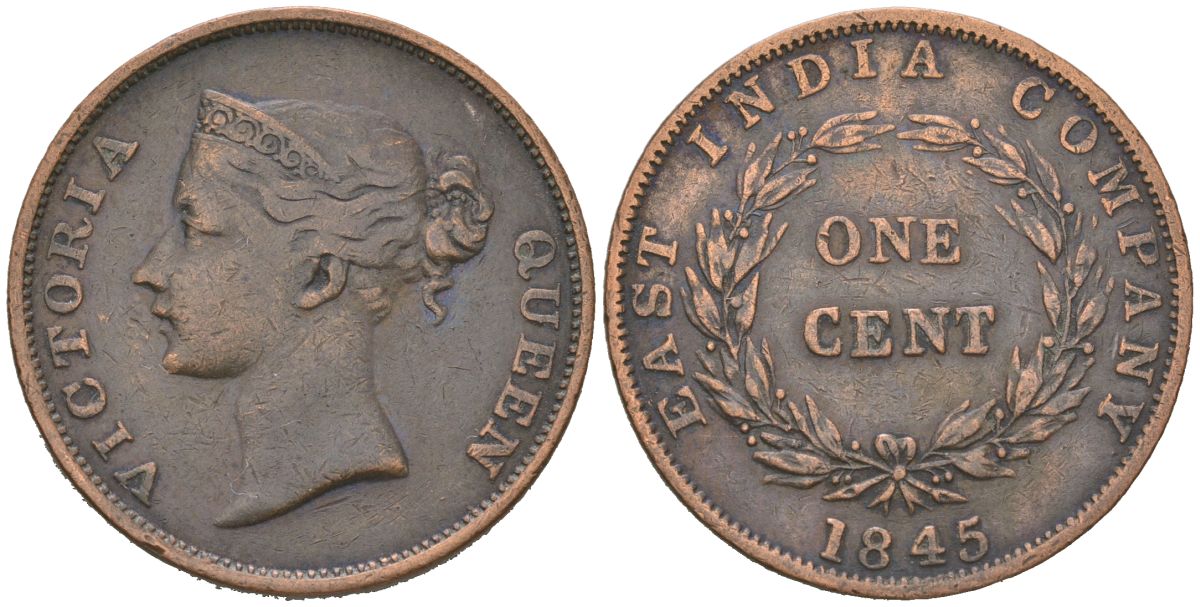 Британская Малайя 1 цент 1845 KM 3 медь 65-1012