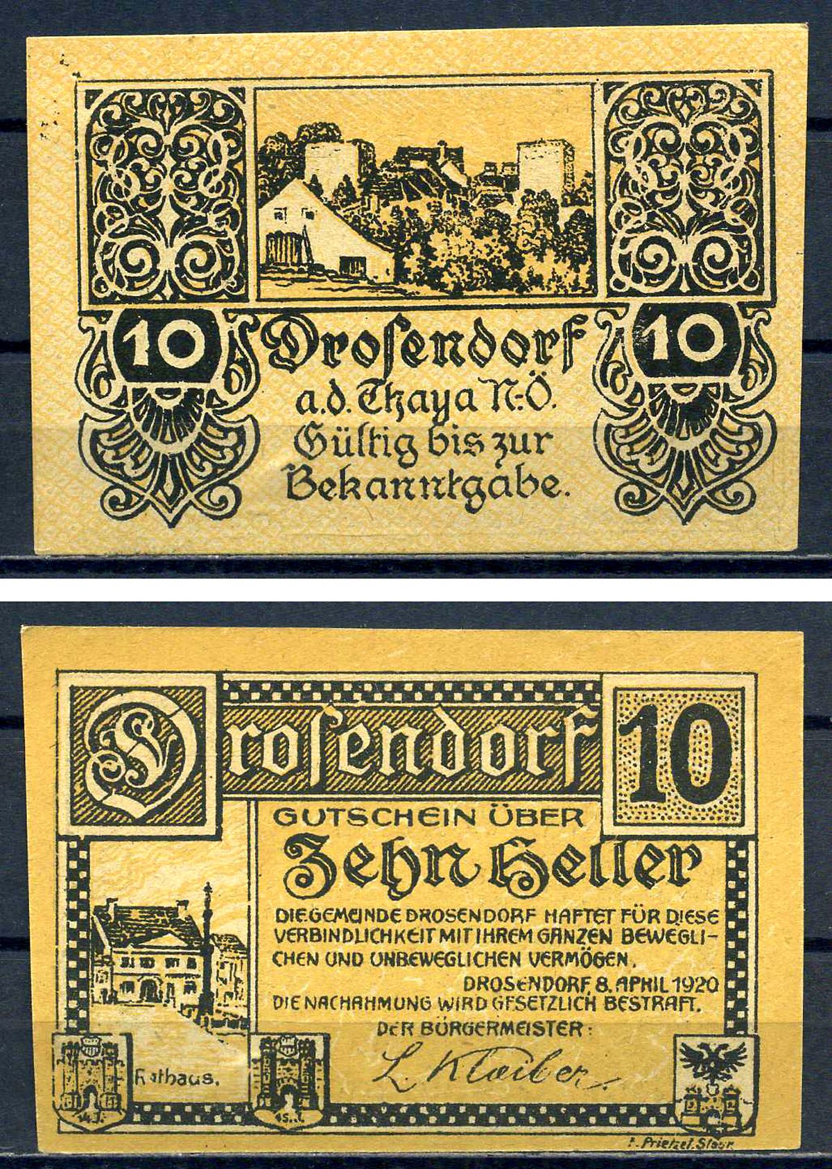 Дрозендорф (Австрия) 10 геллеров 1920 Jaksc/Pick?JPR0134a-10 бумага aUNC 7556-24-3-2
