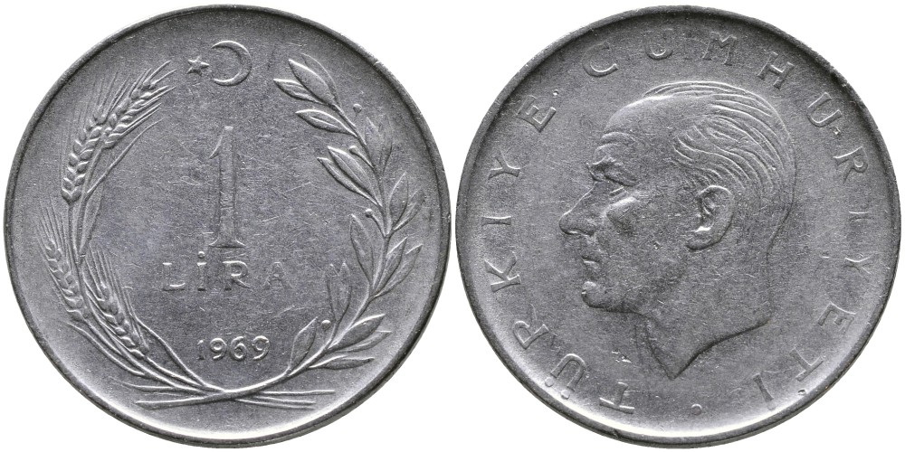 Турция 1 лира 1959 Мустафа Кемаль Ататюрк KM 889а.1 нержавеющая сталь 4541-231
