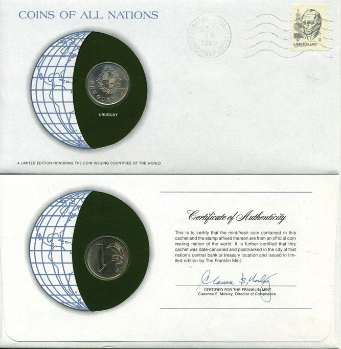 Уругвай 1 песо 1980 монета в конверте с маркой и спецгашением KM 74 медно-никель UNC 4294-38-2